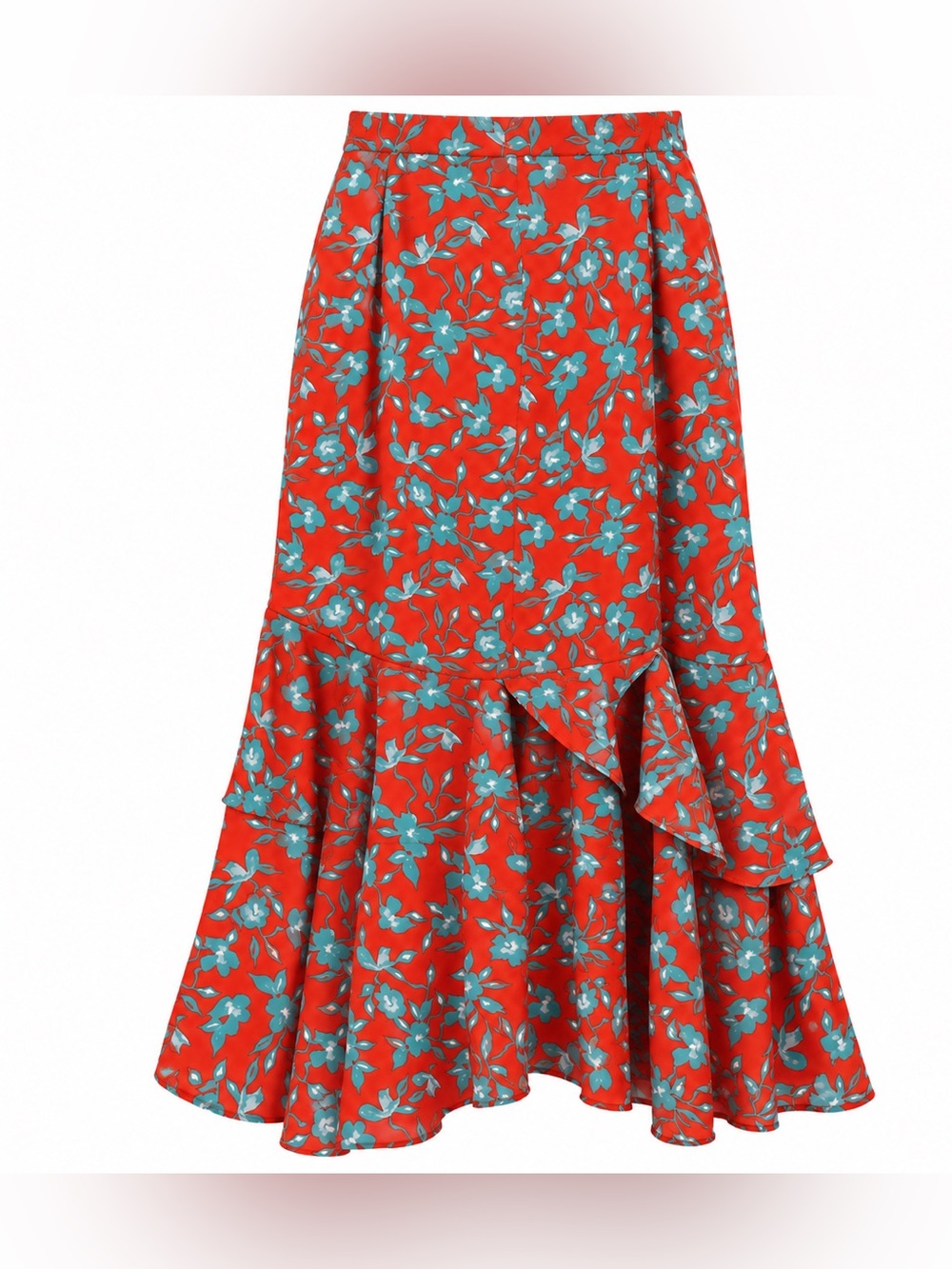 Love Whit Floral Midi Skirt S Red Teal Ruffle Slit Vacation Resort